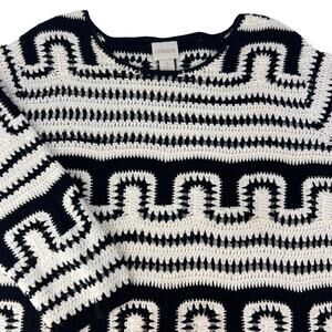 CHICOS 2 Women's Thick Open Knit Cotton Pullover Black White Artsy Sweater Large